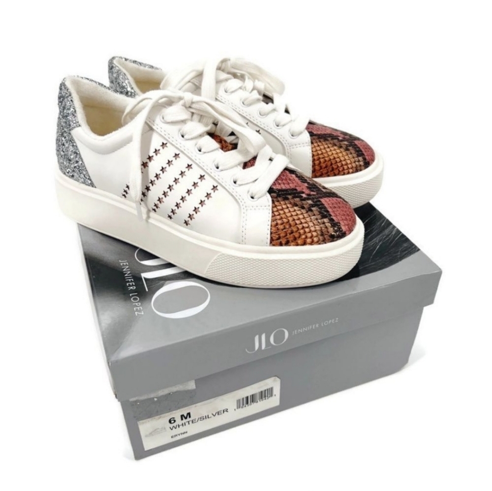 JLO Jennifer Lopez Erynn White Python Snake Print Platform Sneakers Size 6